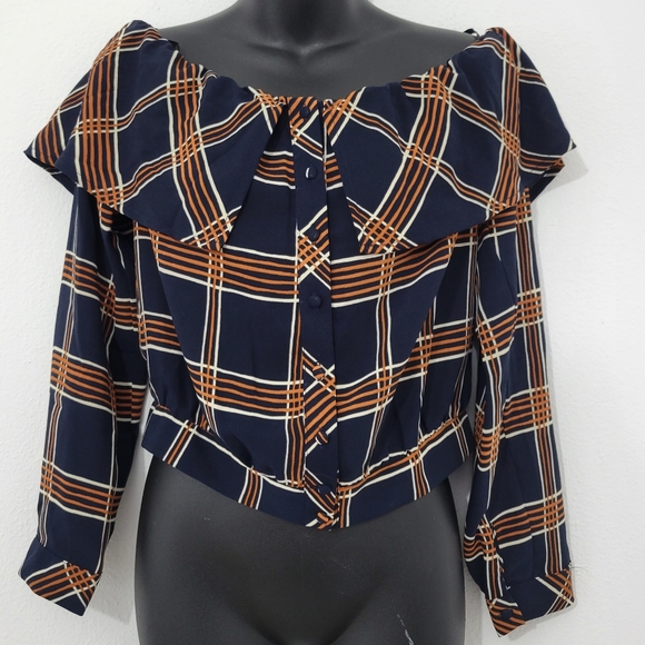 J.O.A. Los Angeles Checked Plaid Off Shoulder Ruffle Top Blouse Women's … - Picture 4 of 7